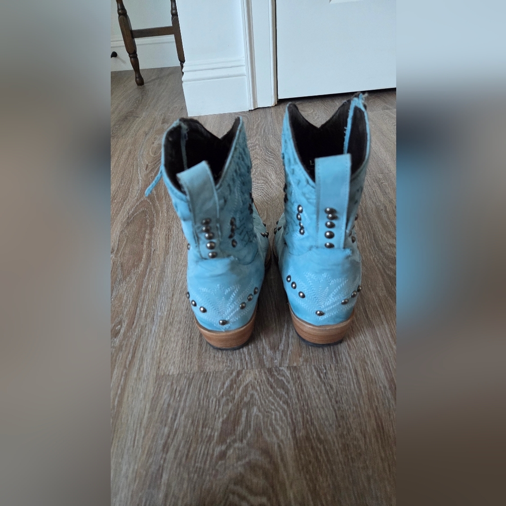 LANE Braided Shaft Light Blue Western Ankle Boots with Side Zip - Picture 7 of 8